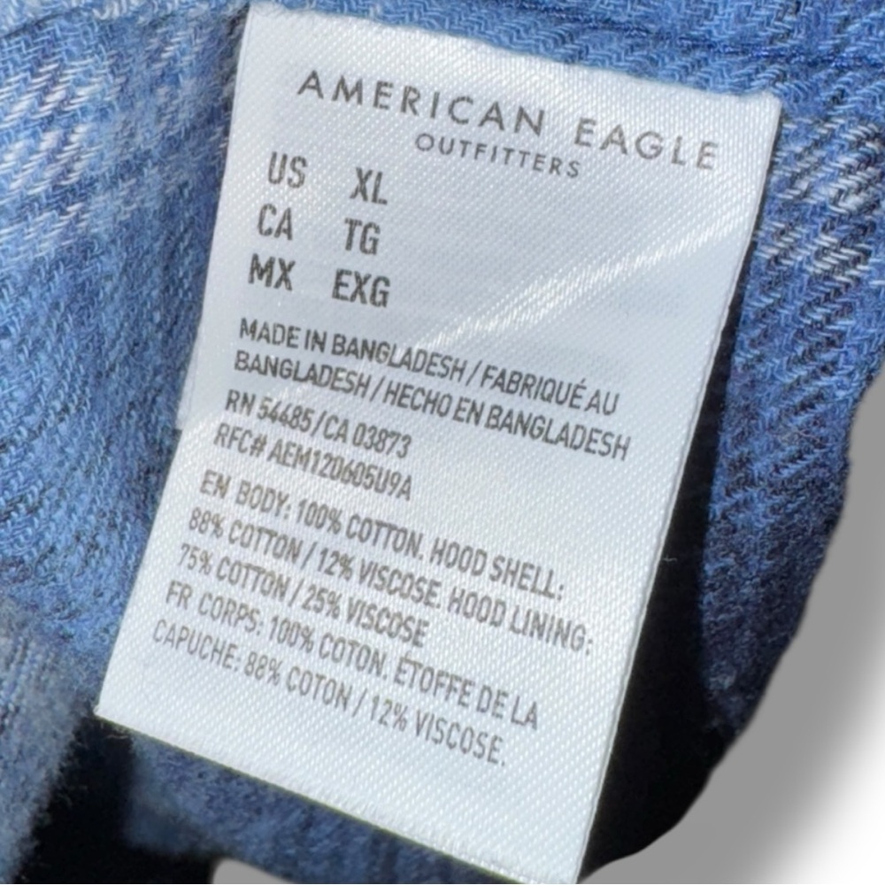 American Eagle Super Soft Flannel Shirt Hoodie Blue Plaid Removable Hood XL - Picture 9 of 16